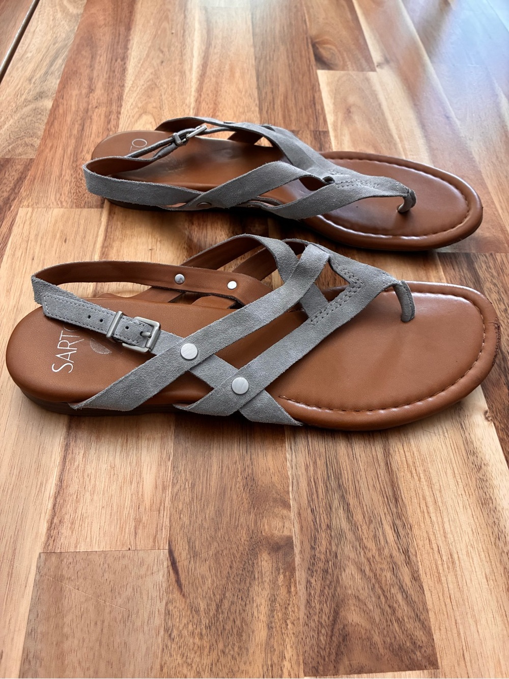 Franco Sarto Gretchen Strappy Sling Back Thong Sandals Gray Suede Women’s Sz 10 - Picture 3 of 14